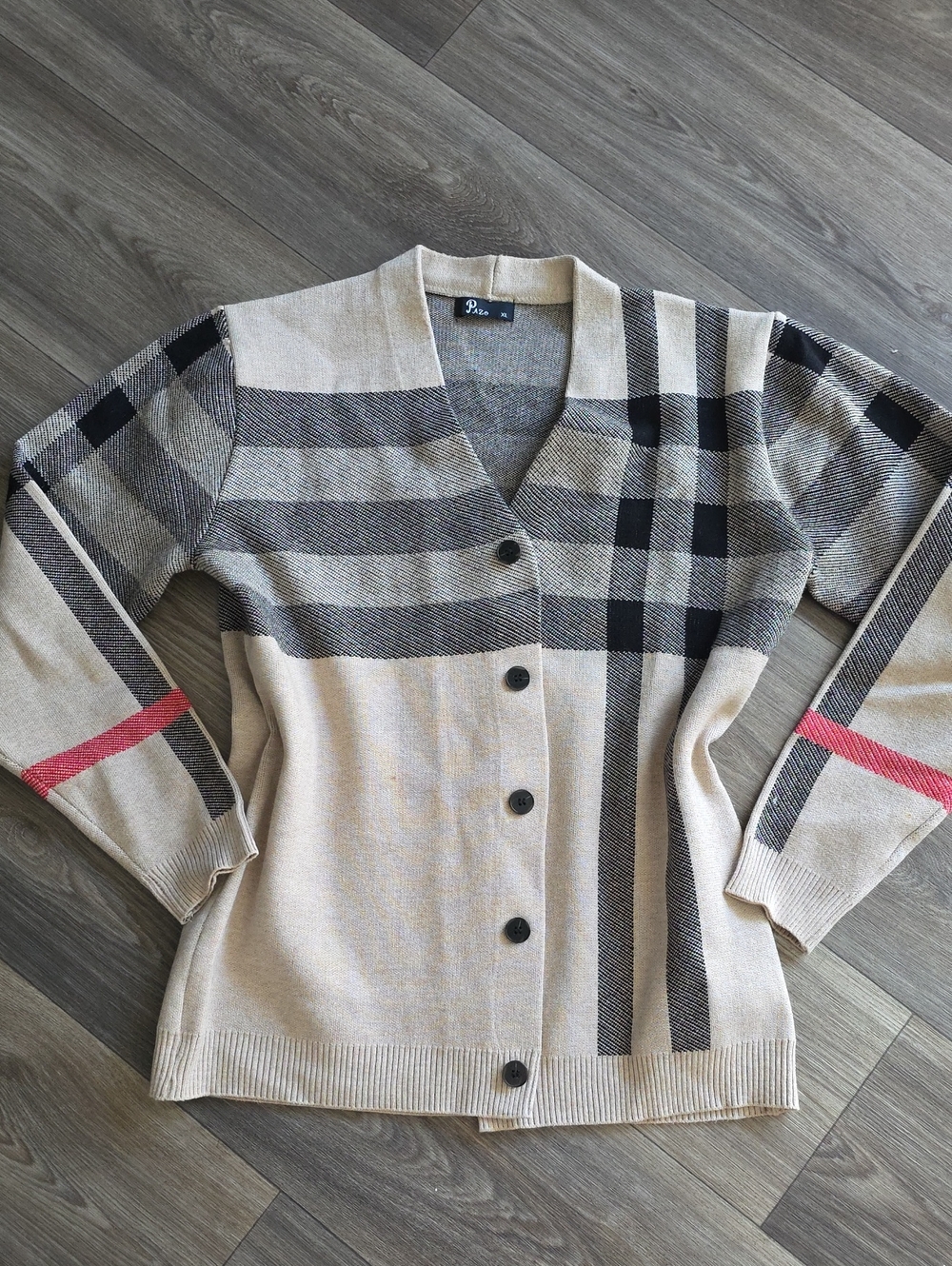 PAZO Beige Plaid Button-Front Cardigan with Black and Pink Accent
